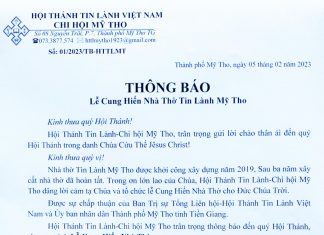 Thông Báo: Lễ Cung Hiến Nhà Thờ Tin Lành Mỹ Tho