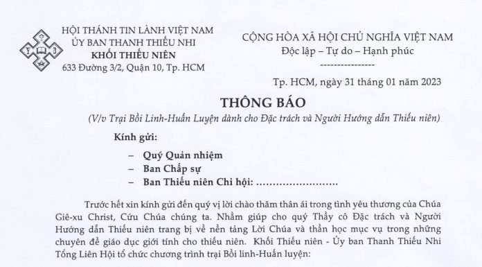 UB.TTN: Thông Báo V/v Trại Bồi Linh-Huấn Luyện dành cho Đặc trách và Người Hướng dẫn Thiếu niên