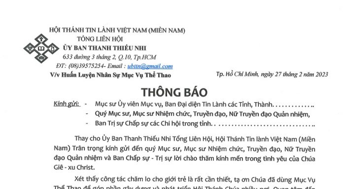 Thông Báo: Huấn Luyện Nhân Sự Mục Vụ Thể Thao Tại HTTL Song Phú, Vĩnh Long