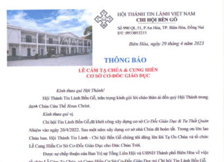 HTTL BẾN GỖ – Thông Báo V/v Lễ Cảm Tạ Chúa & Cung Hiến Cơ Sở Cơ Đốc Giáo Dục