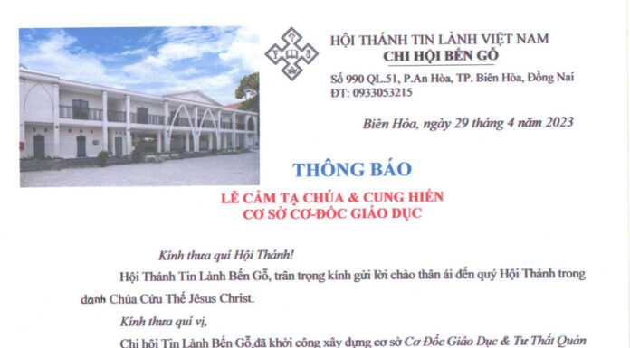 HTTL BẾN GỖ – Thông Báo V/v Lễ Cảm Tạ Chúa & Cung Hiến Cơ Sở Cơ Đốc Giáo Dục