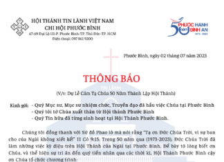 Thông Báo V/v Dự Lễ Cảm Tạ Chúa 50 Năm Thành Lập Hội Thánh Tin Lành Phước Bình