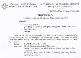 Ban Đại Diện TL.Tp.HCM Thông Báo V/v Hướng Nghiệp Cơ Đốc Dành Cho Thiếu Niên K.V. Tp.HCM