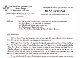 Thư Chúc Mừng Nhân Ngày Thanh Thiếu Niên Tin Lành 2023