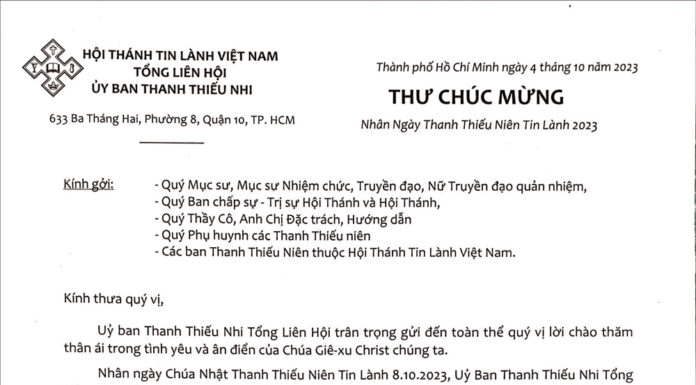 Thư Chúc Mừng Nhân Ngày Thanh Thiếu Niên Tin Lành 2023