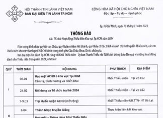BĐD Tin Lành Tp.HCM Thông Báo V/v Tổ Chức Hoạt Động Thiếu Niên Khu Vực Tp.HCM Năm 2024