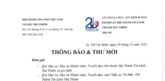 Thông Báo & Thư Mời V/v Lễ Cảm Tạ Chúa – Kỷ Niệm 20 Năm Thành Lập HTTL Chi Hội Thủ Thiêm