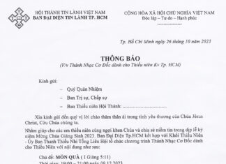 Ban Đại Diện TL.Tp.HCM – Thông Báo V/v Thánh Nhạc Cơ Đốc Dành Cho Thiếu Niên KV. TP.HCM