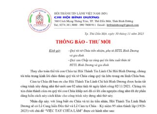 HT Bình Dương Thông Báo V/v Lễ Cung Hiến Đền Thờ – Cảm Tạ Chúa – Kỷ Niệm 95 Năm Thành Lập (1928-2023)