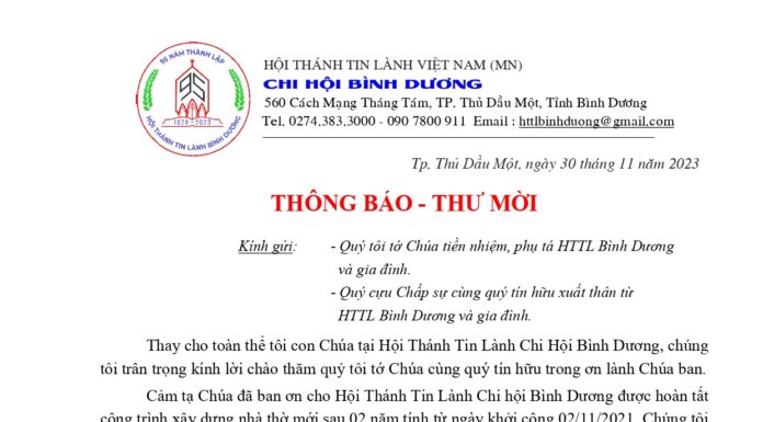 HT Bình Dương Thông Báo V/v Lễ Cung Hiến Đền Thờ – Cảm Tạ Chúa – Kỷ Niệm 95 Năm Thành Lập (1928-2023)