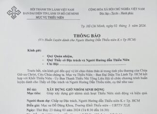 Ban Đại Diện TL.TP.HCM Thông Báo V/v Huấn Luyện Dành Cho Người Hướng Dẫn Thiếu Niên K.V Tp.HCM