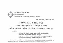 Hội Thánh Liên Nghĩa: Thông Báo & Thư Mời V/v Lễ Cảm Tạ Chúa – Kỷ Niệm 70 Năm Thành Lập Hội Thánh Tin Lành Liên Nghĩa (1954-2024)