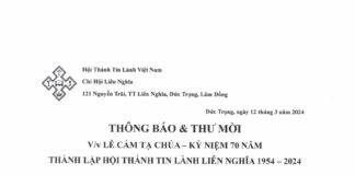 Hội Thánh Liên Nghĩa: Thông Báo & Thư Mời V/v Lễ Cảm Tạ Chúa – Kỷ Niệm 70 Năm Thành Lập Hội Thánh Tin Lành Liên Nghĩa (1954-2024)