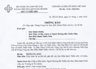 Ban Đại Diện Tin Lành Tp.HCM Thông Báo V/v Họp Mặt – Thông Công Các Ban Điều Hành Thiếu Niên Kv. Tp. HCM