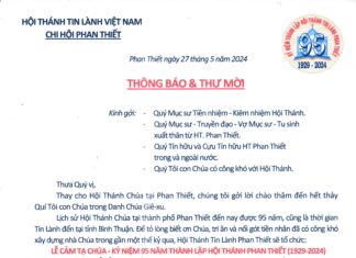 Thông Báo & Thư Mời V/v Lễ Cảm Tạ Chúa – Kỷ Niệm 95 Năm Thành Lập Hội Thánh Phan Thiết