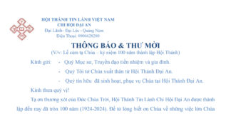 Thông Báo & Thư Mời V/v Lễ Cảm Tạ Chúa – Kỷ Niệm 100 Năm Thành Lập HTTL Đại An