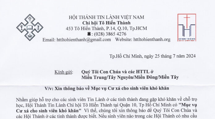 HTTL Tô Hiến Thành – Thông Báo V/v Mục Vụ Cư Xá Cho Sinh Viên Khó Khăn