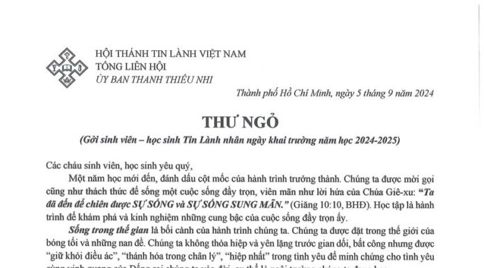 UB. Thanh Thiếu Nhi: Thư Ngỏ Gởi Sinh Viên – Học Sinh Tin Lành Nhân Ngày Khai Trường Năm Học 2024 – 2025