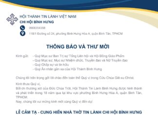Thông Báo & Thư Mời V/v Lễ Cảm Tạ – Cung Hiến Nhà Thờ Tin Lành Chi Hội Bình Hưng