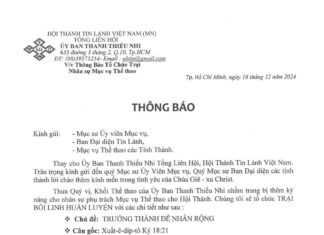 UB.TTN Thông Báo V/v Tổ Chức Trại Nhân Sự Mục Vụ Thể Thao