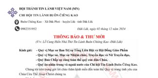 Thông Báo & Thư Mời: V/v Lễ Cung Hiến Nhà Thờ Tin Lành Buôn Chiêng Kao – Đăk Lăk