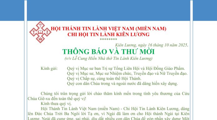 Thông Báo và Thư Mời V/v Lễ Cung Hiến Nhà Thờ Tin Lành KIÊN LƯƠNG