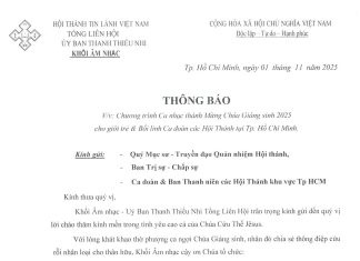 UB.TTN – Thông Báo V/v Chương Trình Ca Nhạc Thánh Mừng Chúa Giáng Sinh 2025 Cho Giới Trẻ & Bồi Linh Ca Đoàn Các HT Tại Tp. HCM
