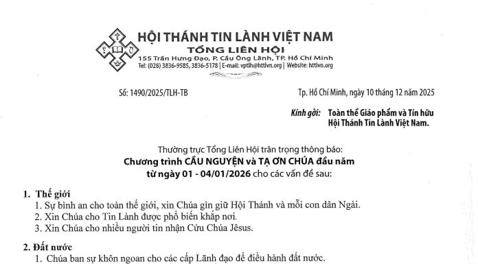 Thông Báo: Chương Trình Cầu Nguyện & Tạ Ơn Chúa Đầu Năm – Từ Ngày 01-04/01/2026