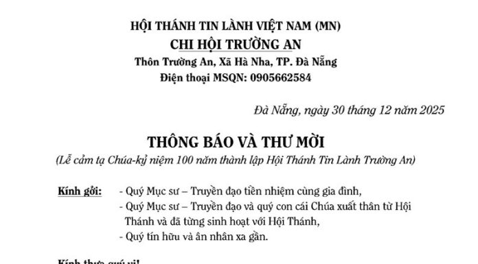 Thông Báo & Thư Mời – Lễ Cảm Tạ Chúa – Kỷ Niệm 100 Năm Thành Lập HTTL Trường An