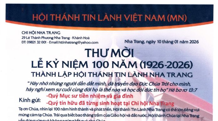 Thông Báo & Thư Mời Lễ Kỷ Niệm 100 Năm Thành Lập HTTL NHA TRANG (1926-2026)