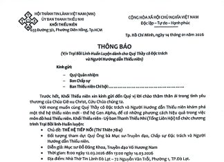 UB.TTN – Thông Báo V/v Trại Bồi Linh – Huấn Luyện dành cho Thầy cô Đặc trách và Người Hướng dẫn Thiếu niên