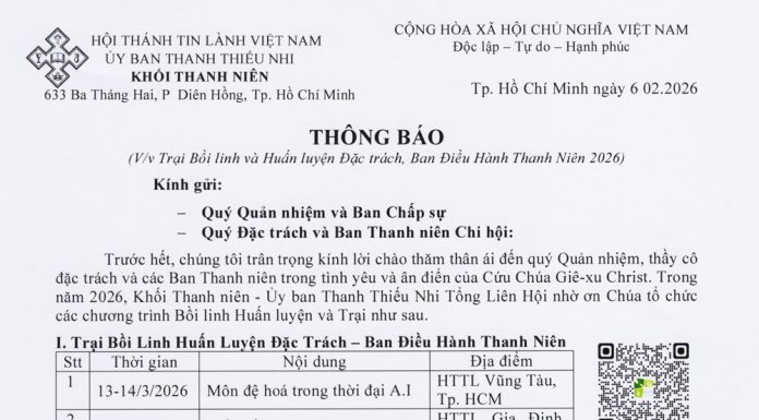 UB.TTN – Thông Báo V/v Trại Bồi Linh Và Huấn Luyện Đặc Trách, Ban Điều Hành Thanh Niên 2026