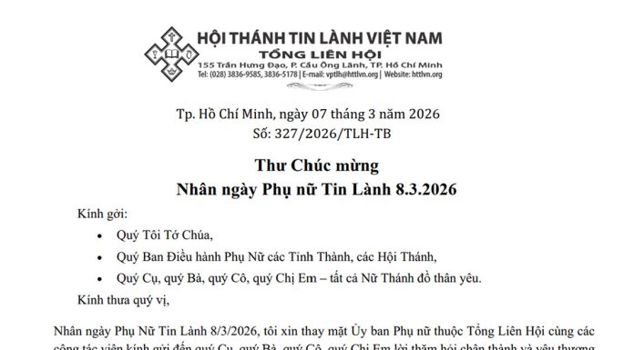 Thư Chúc Mừng Nhân Ngày Phụ Nữ Tin Lành 8.3.2026