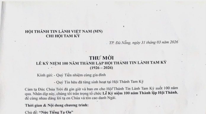 Thư Mời Lễ Kỷ Niệm 100 Năm Thành Lập HTTL TAM KỲ (1926-2026)