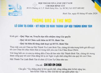 Thông Báo & Thư Mời Lễ Cả Tạ Chúa – Kỷ Niệm 20 Năm Thành Lập HTTL BÌNH TÂN