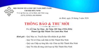 Thông Báo & Thư Mời V/v Lễ Cảm Tạ Chúa – Kỷ Niệm 100 Năm Thành Lập HTTL Hoà Ninh