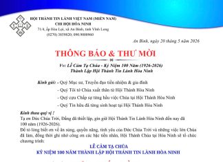 Thông Báo & Thư Mời V/v Lễ Cảm Tạ Chúa – Kỷ Niệm 100 Năm Thành Lập HTTL Hoà Ninh