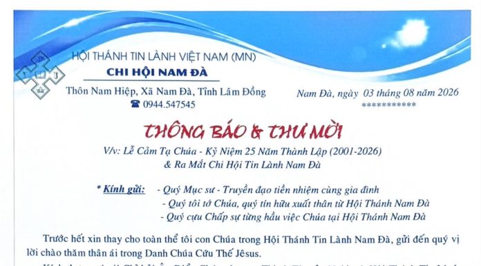 Thông Báo & Thư Mời V/v Lễ Cảm Tạ Chúa – Kỷ Niệm 25 Năm Thành Lập HTTL NAM ĐÀ (2001-2026)