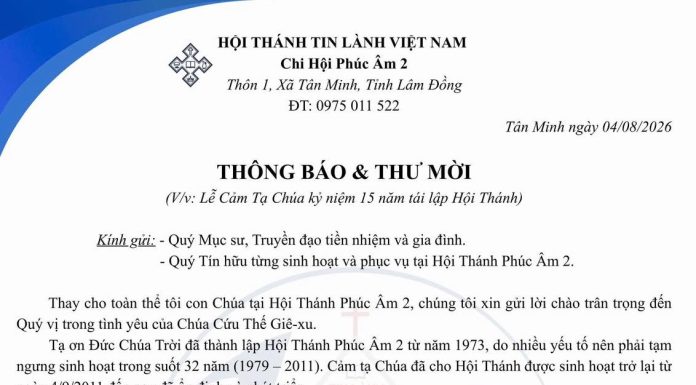 Thông Báo & Thư Mời V/v Lễ Cảm Tạ Chúa Kỷ Niệm 15 Năm Tái Lập HTTL PHÚC ÂM 2