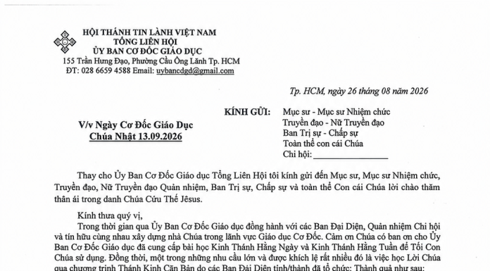 UB. CĐGD Thông Báo V/v Ngày Cơ Đốc Giáo Dục – Chúa Nhật 13-09-2026