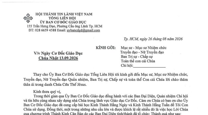 UB. CĐGD Thông Báo V/v Ngày Cơ Đốc Giáo Dục – Chúa Nhật 13-09-2026