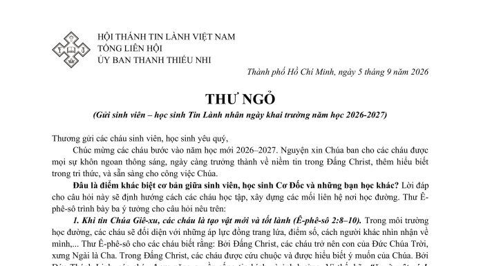 UB.TTN – Thư ngỏ gửi Sinh viên Học sinh Tin Lành nhân ngày khai trường năm học 2026-2027