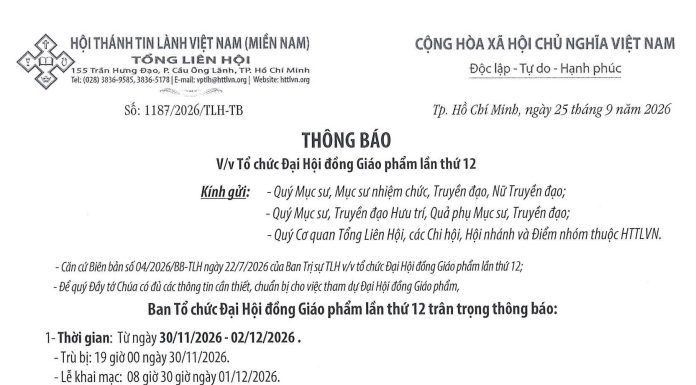 Thông Báo V/v Tổ Chức ĐẠI HỘI ĐỒNG GIÁO PHẨM Lần Thứ 12